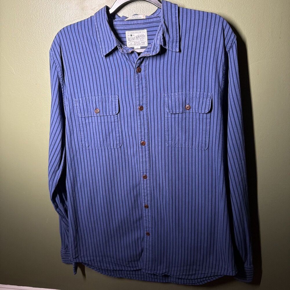 Lucky Brand Mens Large Blue Striped Western Utility Work Shirt LS Cotton
